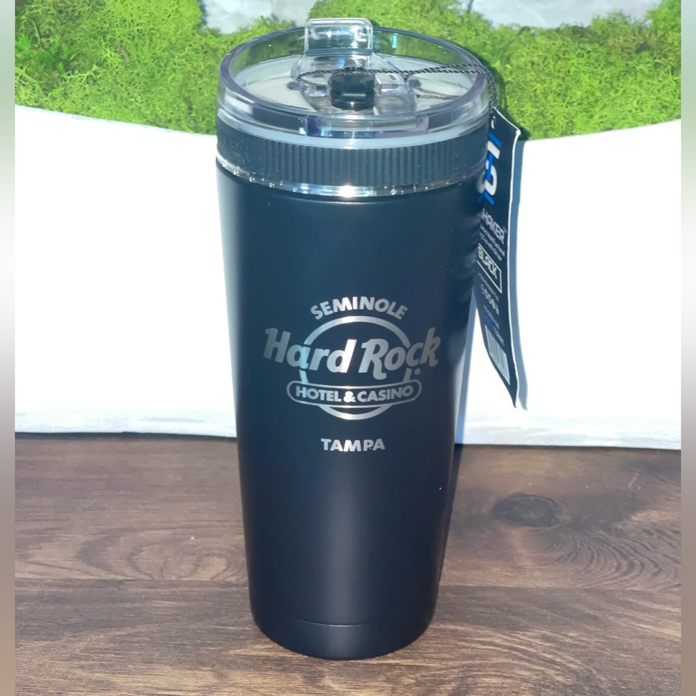 Ice Shaker Hard Rock Tampa 26 oz Black Insulated Bottle w/ 2 Straws NIB